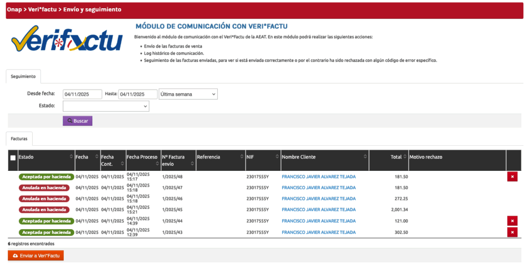 Facturas VeriFactu Onap ERP